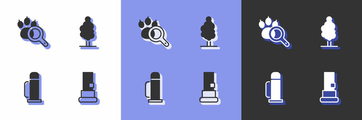 Set Cartridges, Paw search, Thermos container and Tree icon. Vector