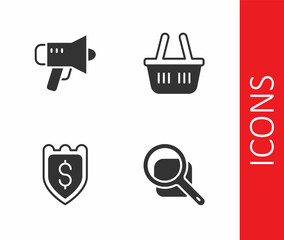 Set Magnifying glass, Megaphone, Shield with dollar and Shopping basket icon. Vector
