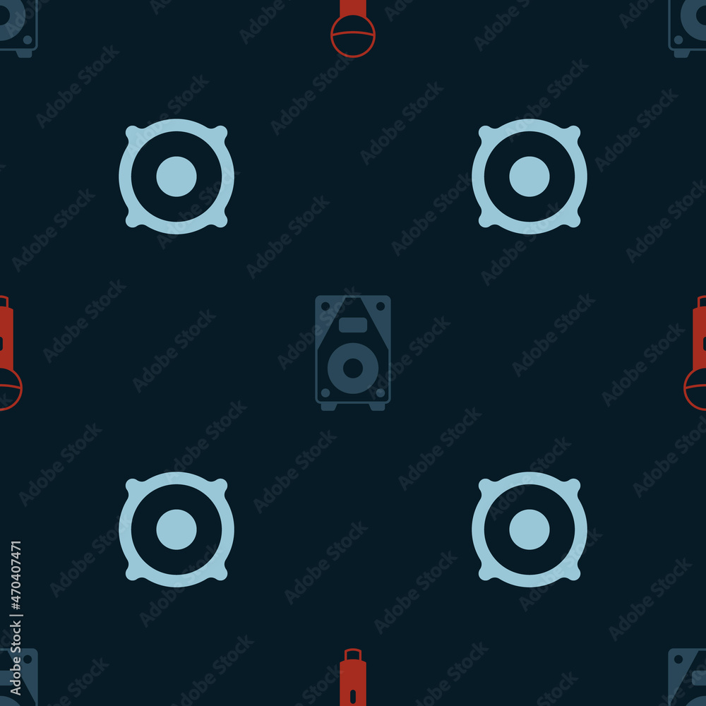 Poster Set Microphone, Stereo speaker and on seamless pattern. Vector