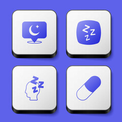 Set Moon and stars, Sleepy, Dreams and Sleeping pill icon. White square button. Vector