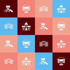 Set pop art Slide playground, Swing car, Swedish wall and Sand castle icon. Vector