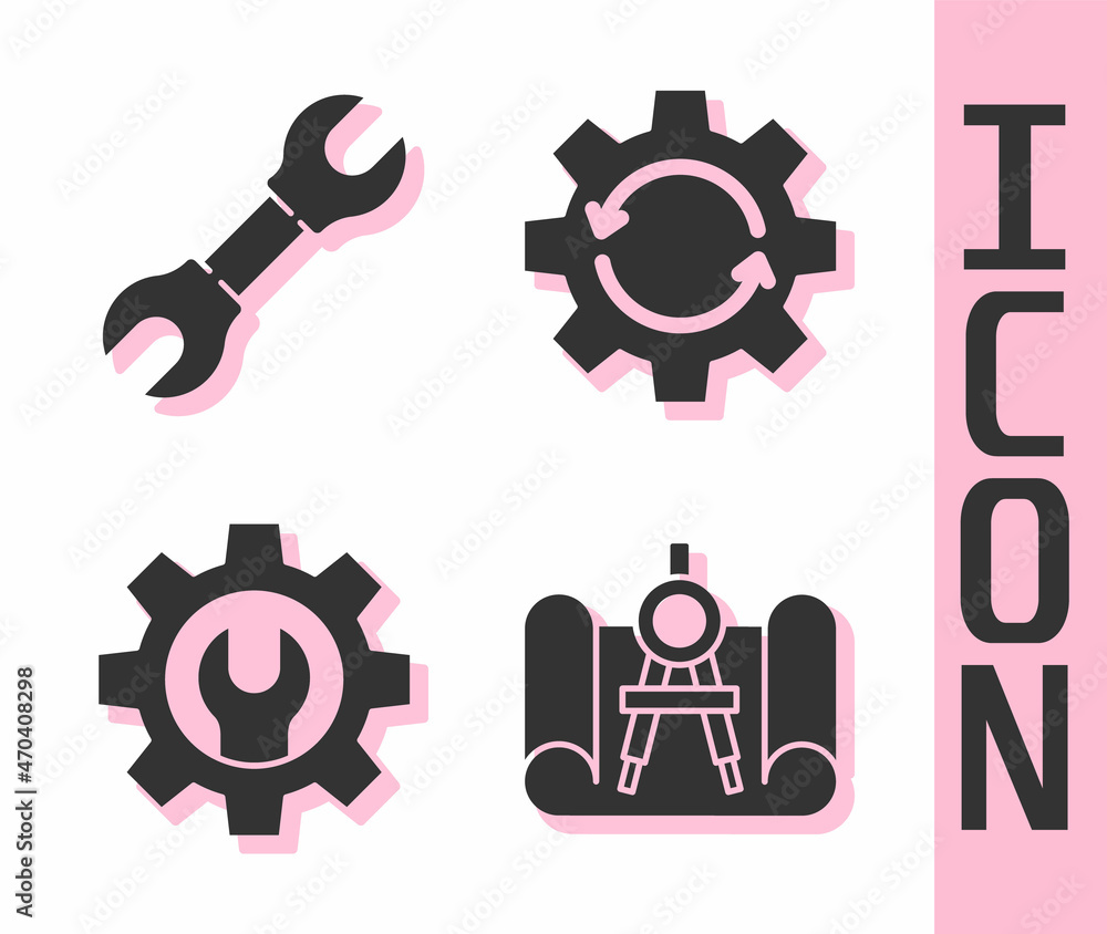 Poster set graphing paper and compass, wrench spanner, wrench spanner and gear and gear and arrows as workf