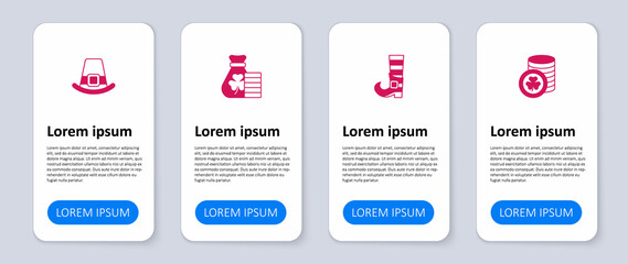 Set Golden leprechaun coin, Leprechaun boot, Money bag with clover and hat. Business infographic template. Vector