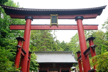Red Torii Gate of Kitaguchi Hongu Fuji Sengen-jinja Shrine in Yamanashi, Japan - 日本 山梨県 北口 本宮 富士浅間神社 鳥居