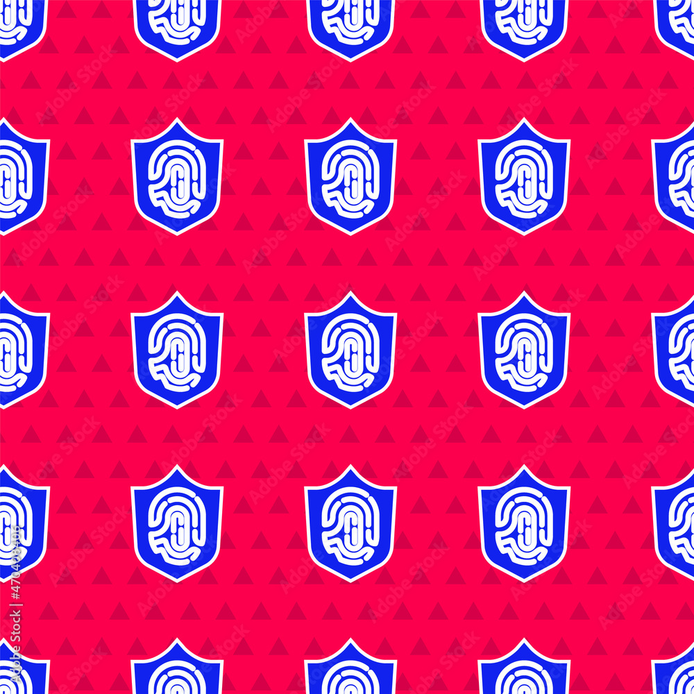 Poster blue protection shield encoded fingerprint icon isolated seamless pattern on red background. id app 