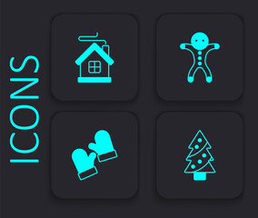 Set Christmas tree, Merry house, Holiday gingerbread man cookie and mittens icon. Black square button. Vector