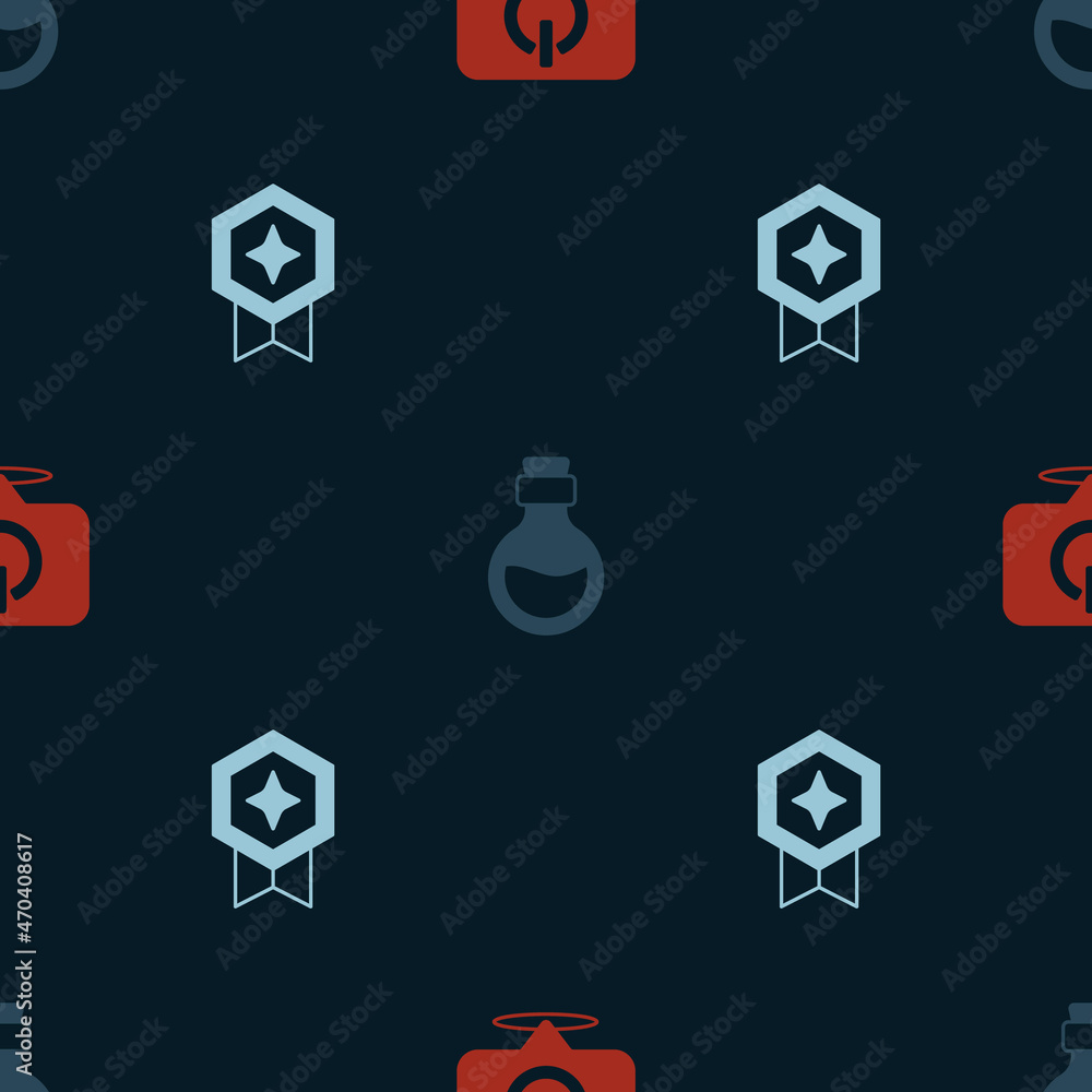 Poster set power button, bottle with magic elixir and game rating medal on seamless pattern. vector
