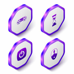 Set Isometric Game controller or joystick, Old hourglass, Power button and Computer mouse icon. Purple hexagon button. Vector