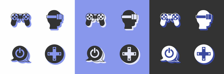 Set Game controller or joystick, Power button and Virtual reality glasses icon. Vector
