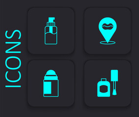 Set Bottle of nail polish, liquid soap, Smiling lips and Deodorant roll icon. Black square button. Vector