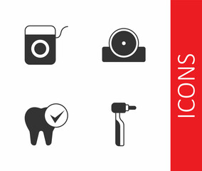 Set Tooth drill, Dental floss, and Otolaryngological head reflector icon. Vector