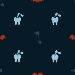 Set Safety goggle glasses, Tooth drill and with caries and on seamless pattern. Vector