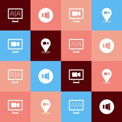 Set pop art Video chat conference, Speaker volume, and icon. Vector