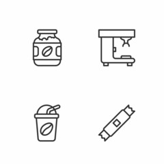 Set line Sugar stick packets, Iced coffee, Coffee jar bottle and machine icon. Vector