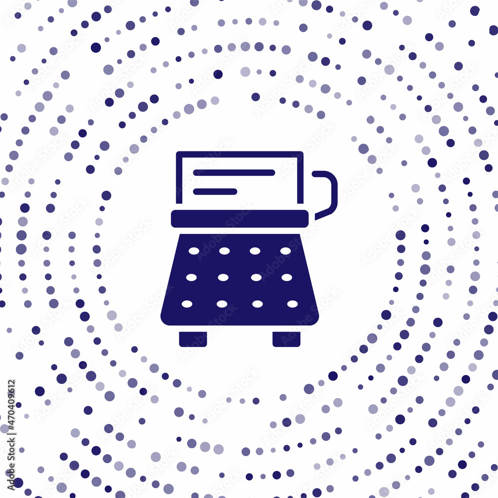 Poster blue retro typewriter and paper sheet icon isolated on white background. abstract circle random dots