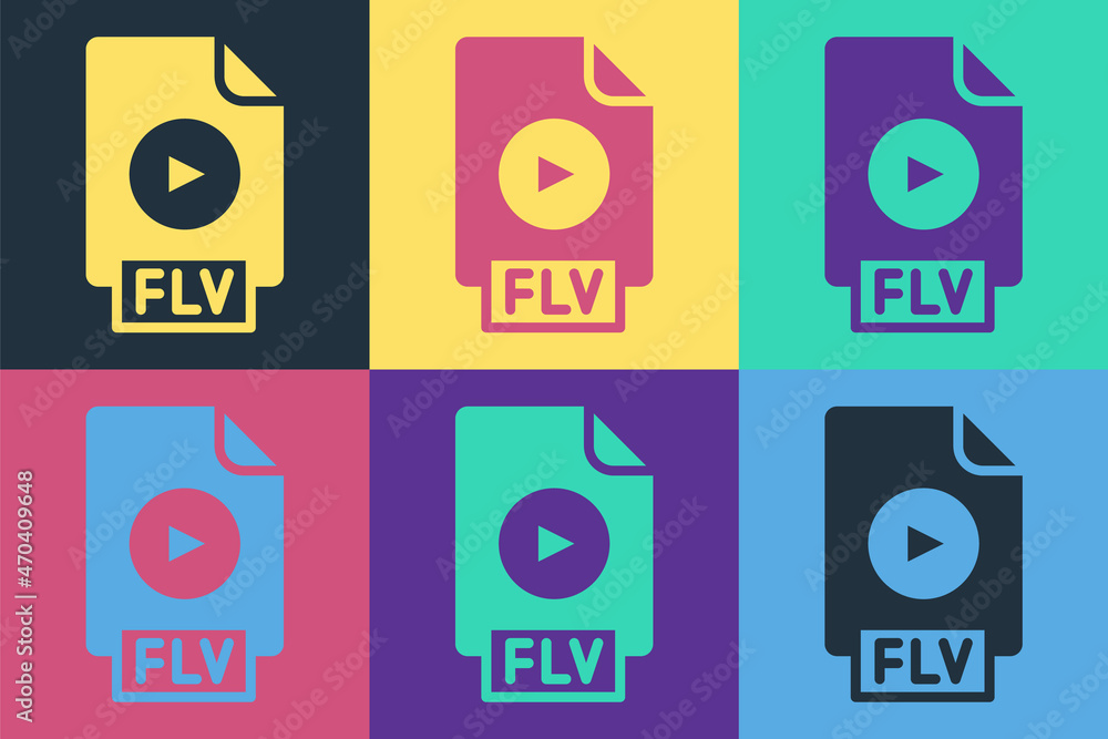 Poster pop art flv file document video file format. download flv button icon isolated on color background. 