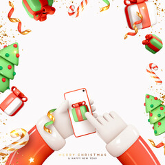 Christmas background. Santa Claus's hands hold a mobile phone, smartphone and click on screen. Realistic 3d gifts boxes, cone green tree. Smartphone mock up with Christmas design. Vector illustration