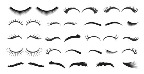 Eyelash extension linear icons set. luxurious eye with perfectly shaped eyebrows and full lashes. Stock vector.
