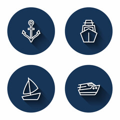 Set line Anchor, Yacht sailboat, and Speedboat with long shadow. Blue circle button. Vector