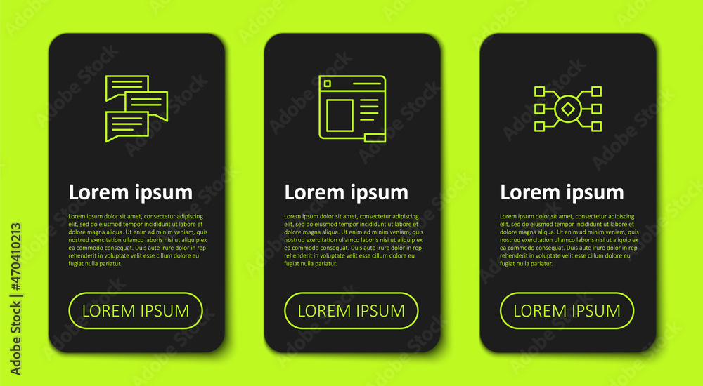 Poster Set line Speech bubble chat, Browser window and Neural network. Business infographic template. Vector