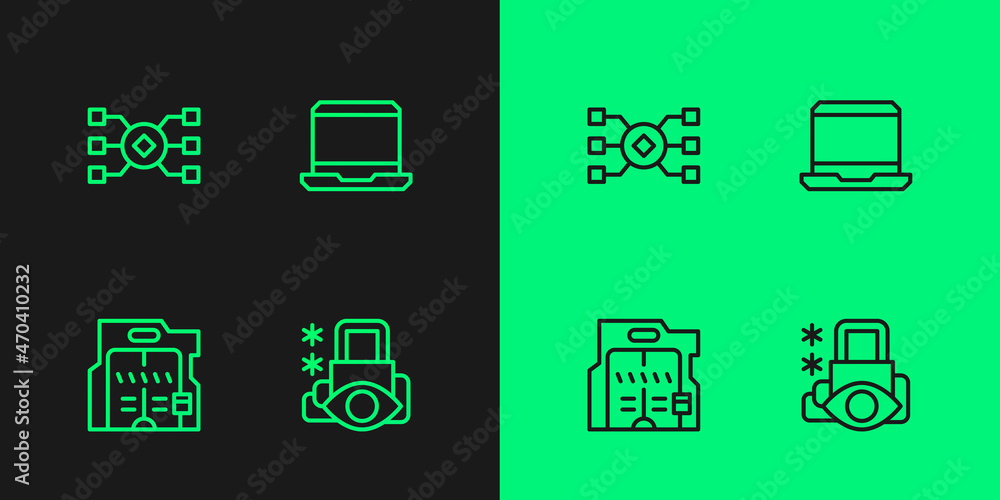 Poster Set line Cyber security, Futuristic sliding doors, Neural network and Laptop icon. Vector