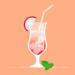 Tropical cold cocktail in flat style for menus, cocktail cards. Red juice in a glass with ice and a straw. Summer drinks
