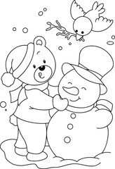  christmas bear and snowman coloring page