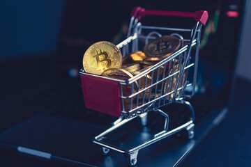 shopping cart with bitcoin golden crypto coins near a notebook screen
