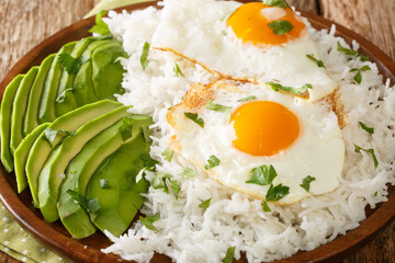 Arroz con huevo frito is white rice and a fried egg close up in the plate on the table. Horizontal