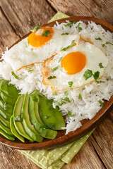 Arroz con huevo or rice with fried egg is the ultimate Latin lazy lunch close up in the plate on the table. Vertical