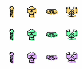 Set line Virtual reality glasses, VR controller game, and 360 degree view icon. Vector