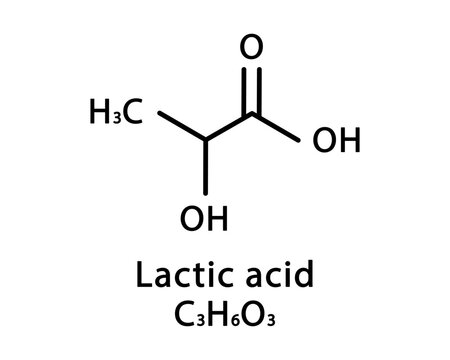 Lactic acid molecular structure. Lactic acid skeletal chemical formula. Chemical molecular formula vector illustration