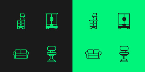 Set line Office chair, Sofa, Furniture nightstand with lamp and Wardrobe icon. Vector