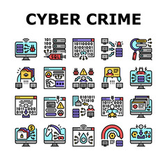 Cyber Crime Internet Business Icons Set Vector. Ddos And Ping Of Death Attack, Phishing And Teardrop Cyberspace Crime, Malware And Ransomware Line. Network Theft Color Illustrations