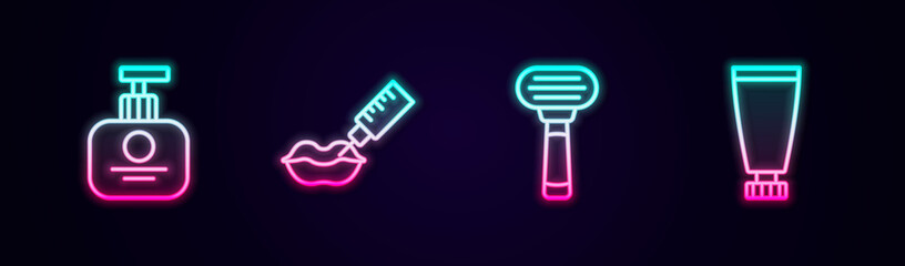 Set line Tube of hand cream, Lip augmentation, Shaving razor and Cream lotion cosmetic tube. Glowing neon icon. Vector