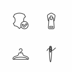 Set line Needle for sewing with thread, Hanger wardrobe, Leather and Zipper icon. Vector