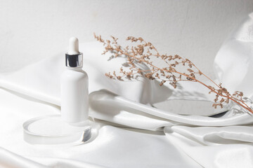 white wood table background with lifestyle, cosmetic makeup bottle lotion cream product with beauty...