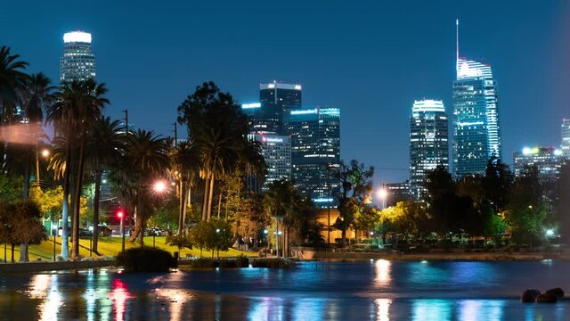 Los Angeles Downtown Skyscrapers from Echo Park Lake Night Time Lapse California USA