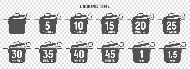 Preparation time icon set. Cook time signs. Vector symbols with pan. - obrazy, fototapety, plakaty