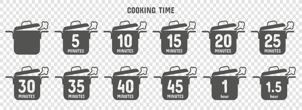 Preparation time icon set. Cook time signs. Vector symbols with pan.