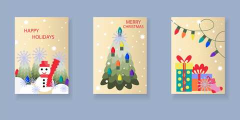 Colorful Christmas and New Year greeting card set. Colorful Christmas tree, garland, snowman and snowflakes on gold background.