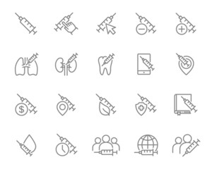 Set of vaccination line icons. Medical syringe, coronavirus vaccine, immunization, covid 19 and more.