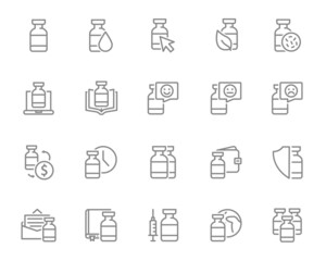 Set of coronavirus vaccine line icons. Medical ampoule, vaccination, global immunization, serum, covid 19 and more.