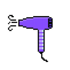 8 bit pixel art hand holding purple hair dryer symbol isolated on white background. Beauty salon styling device icon. Old school vintage retro 80s, 90s 2d computer, video game, slot machine graphics.