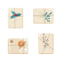 A collection of gifts made of craft paper with decorations made of twigs for the holiday. Vector hand-drawn illustration on a white background for print, decor and postcards