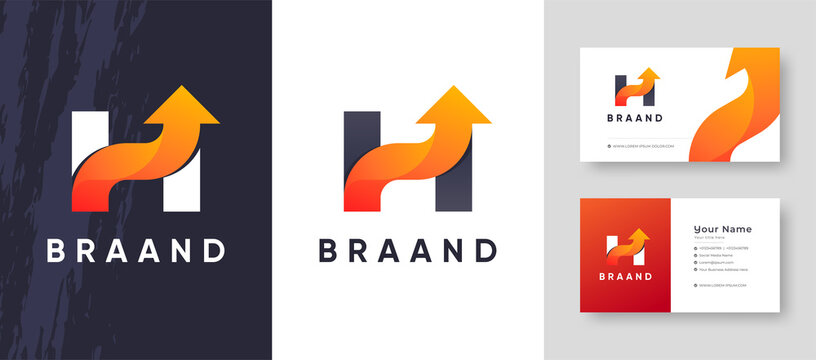 Color gradient style Initial Letter H and Arrow combination Company business Logo with Business Card Design Fresh or Clean Editable Template