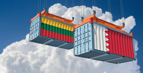 Freight containers with Bahrain and Lithuania national flags. 3D Rendering 
