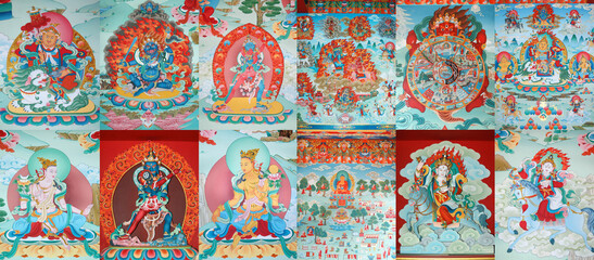 Set of icon Tibetan deity in the tibetan monastery in Nepal - obrazy, fototapety, plakaty