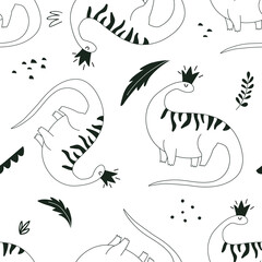 Seamless pattern with funny dinosaurs in hand drawn style. Creative childish texture. Outline hand drawing. Great for fabric, textile. Isolated on white background vector illustration