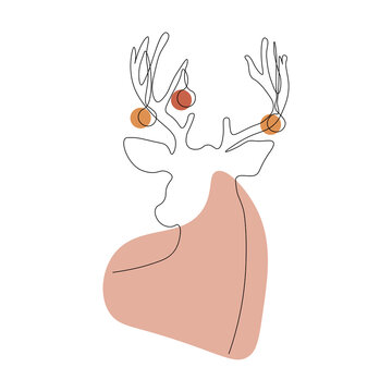 recommend clip art: Vector deer in line art style. Deer with christmas decorations hanging on the antlers.